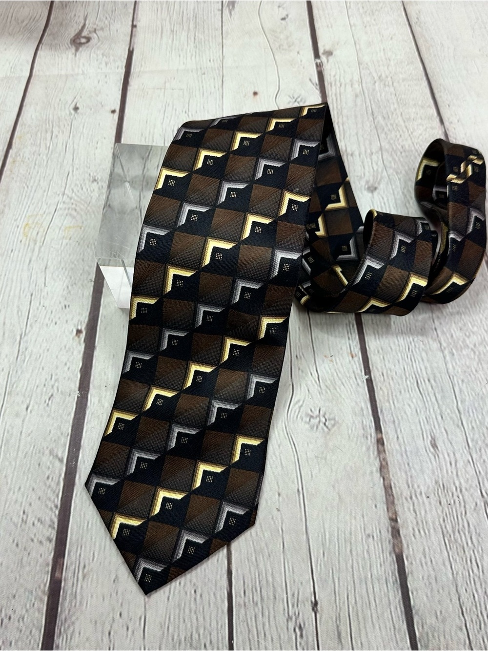 Kilburne & Finch Men's Geometric Brown & Black silk Tie Gold Accents office